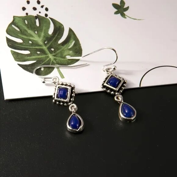 Silver Plated Blue Lapis Lazuli Long Dangle Earrings Teardrop & Diamond Drop New - Picture 6 of 7
